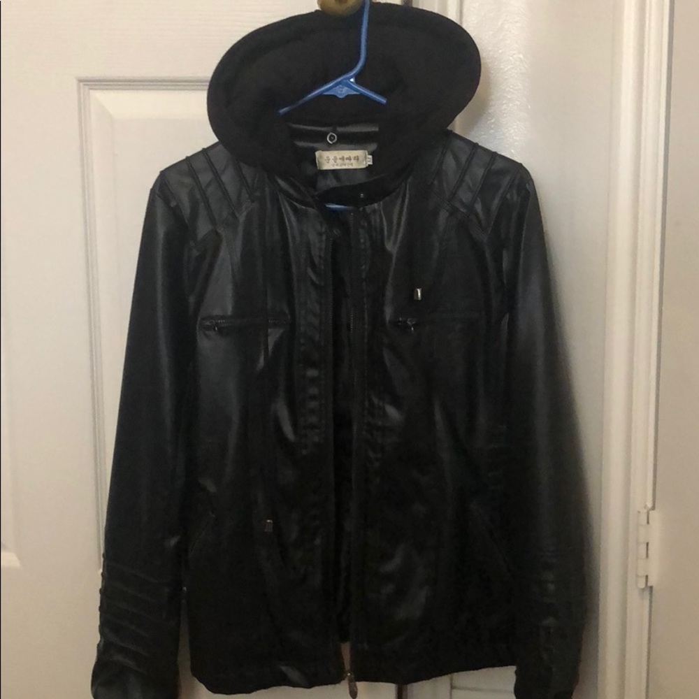 Black Hooded faux leather jacket size medium